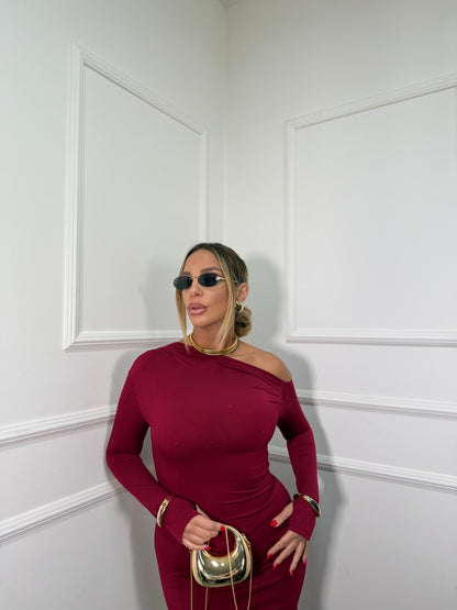 Abito midi asimmetrico in lycra Kim bordeaux