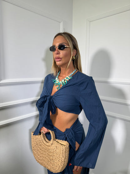 Coordinato semi velato in viscosa Seychelle blu c81117