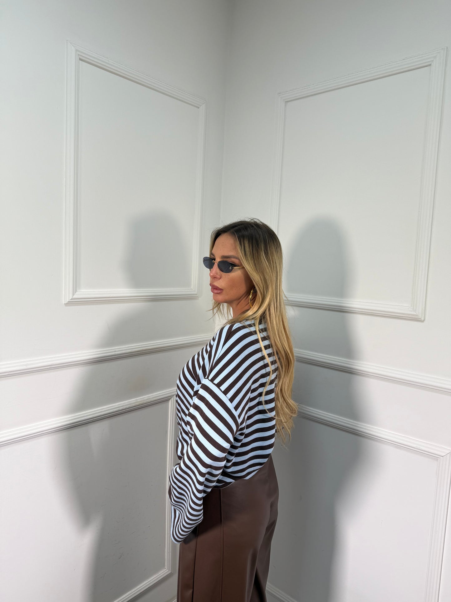 Shirt in cotone garzato manica campana Cindy polvere/cacao f1109