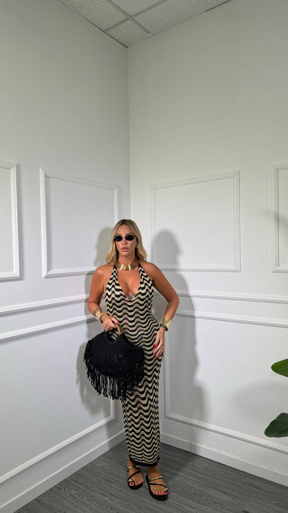 Abito midi in filo lurex zig zag Zama nero/oro 3778