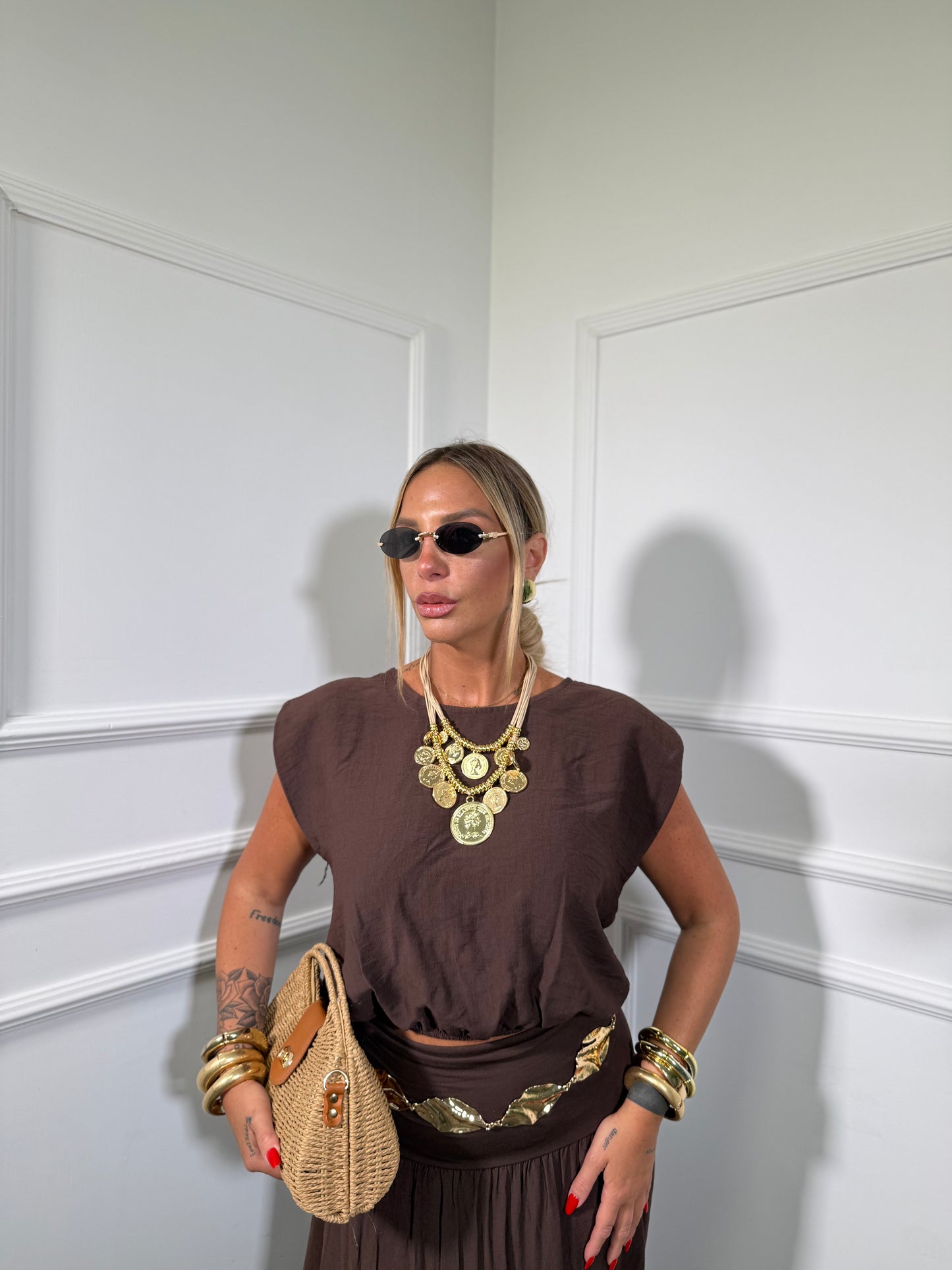 Coordinato misto lino con gonna Havana cioccolato 26152