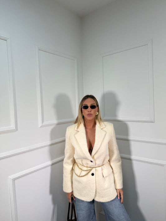 Blazer oversize con spalline in lana cotta panna 9883