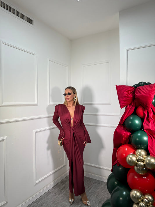 Abito midi con maniche in pizzo Sensual bordeaux 6336