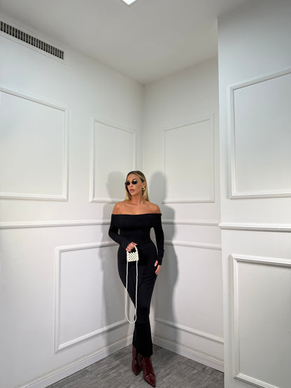 Abito midi in lycra scollo a barca Nilufar nero 13351