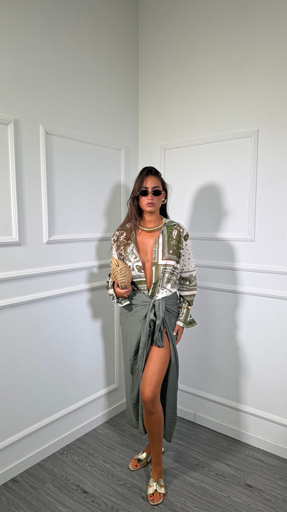 Gonna portafoglio midi misto lino Afro verde militare 96879