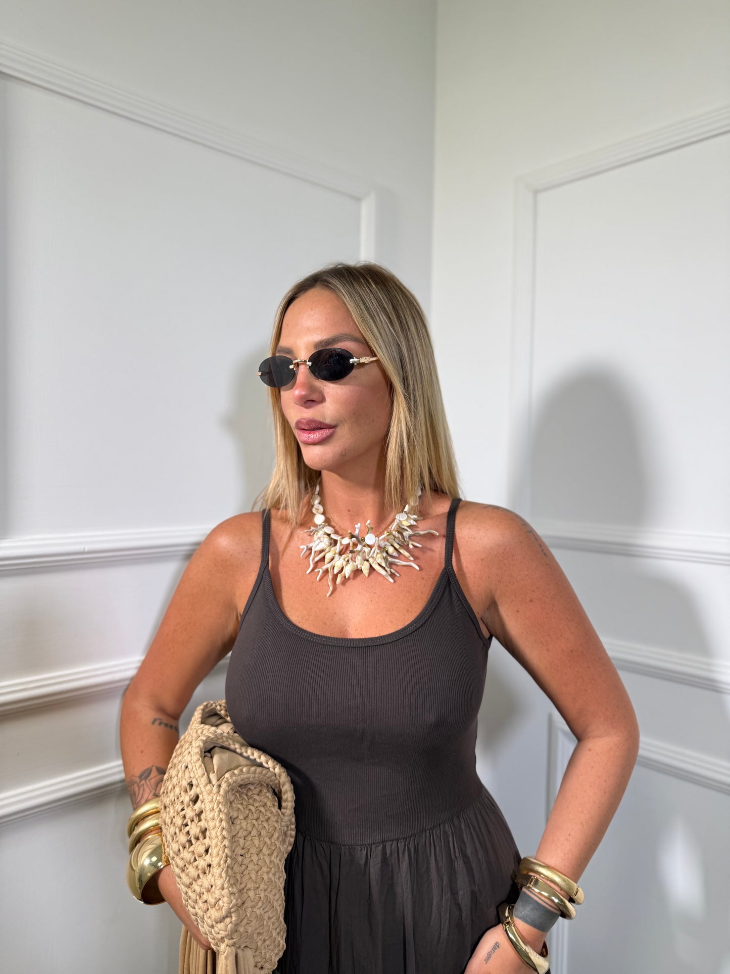 Abito midi in cotone con top a costine cioccolato 26705