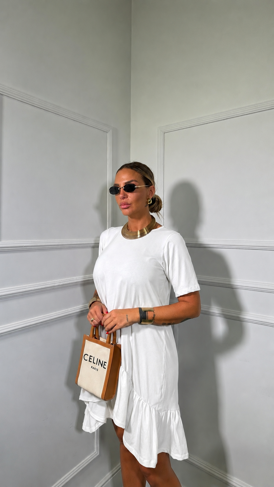 Abito mezza manica in cotone con rouge bianco