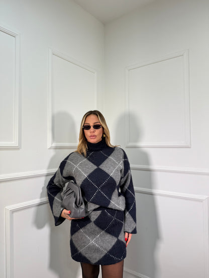 Coordinato rombi in lana cotta Joy blu/grigio