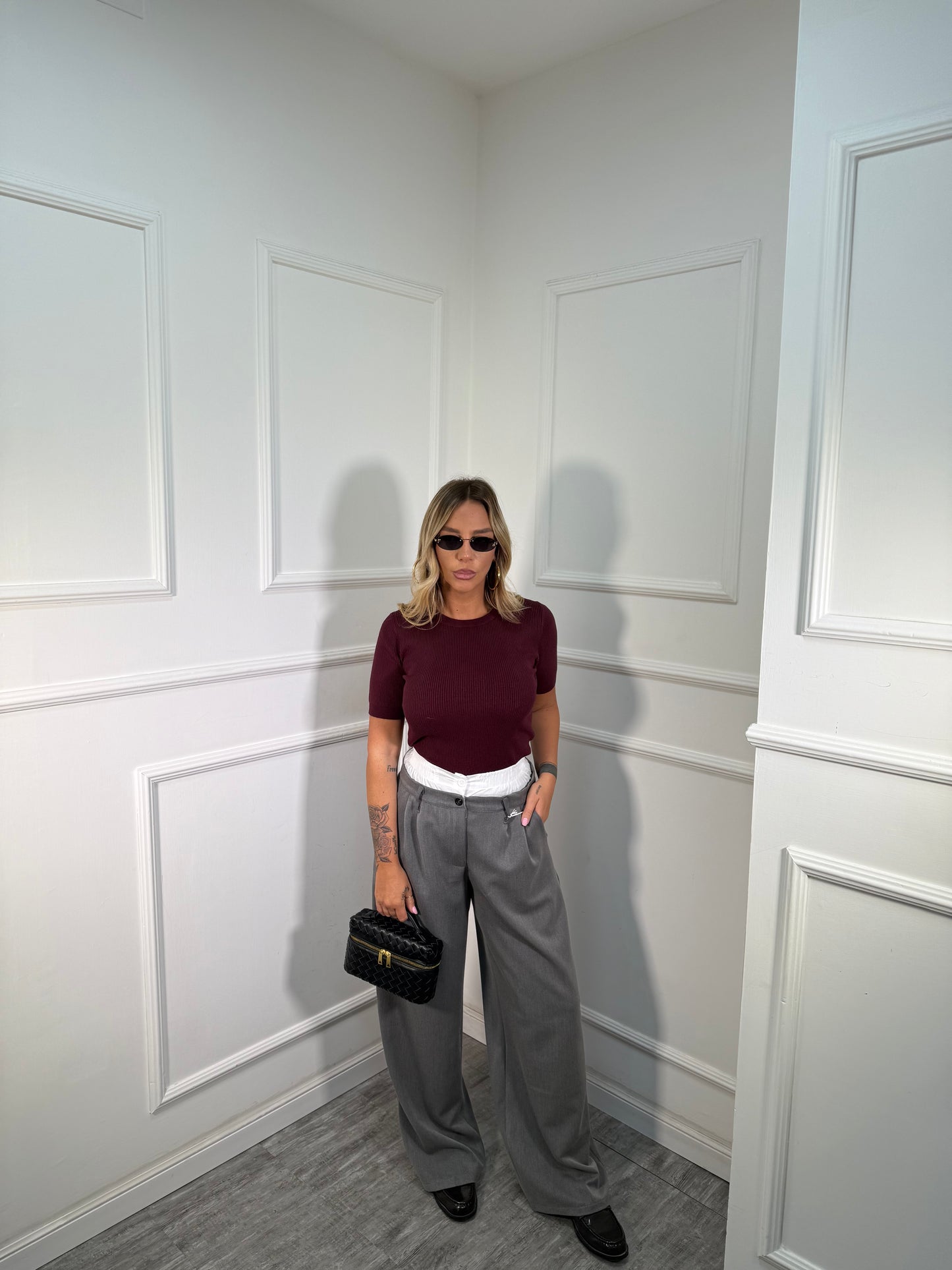 Pantaloni palazzo con doppio bustino elastico grigio m12520