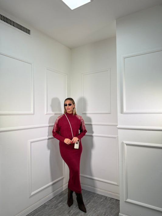 Coordinato midi in lana rasata con Swarovski bordeaux g105