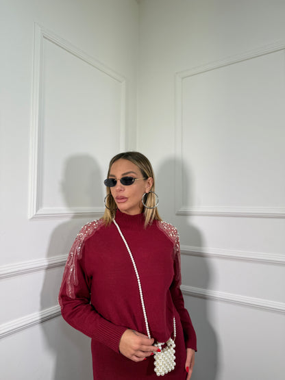 Coordinato midi in lana rasata con Swarovski bordeaux g105