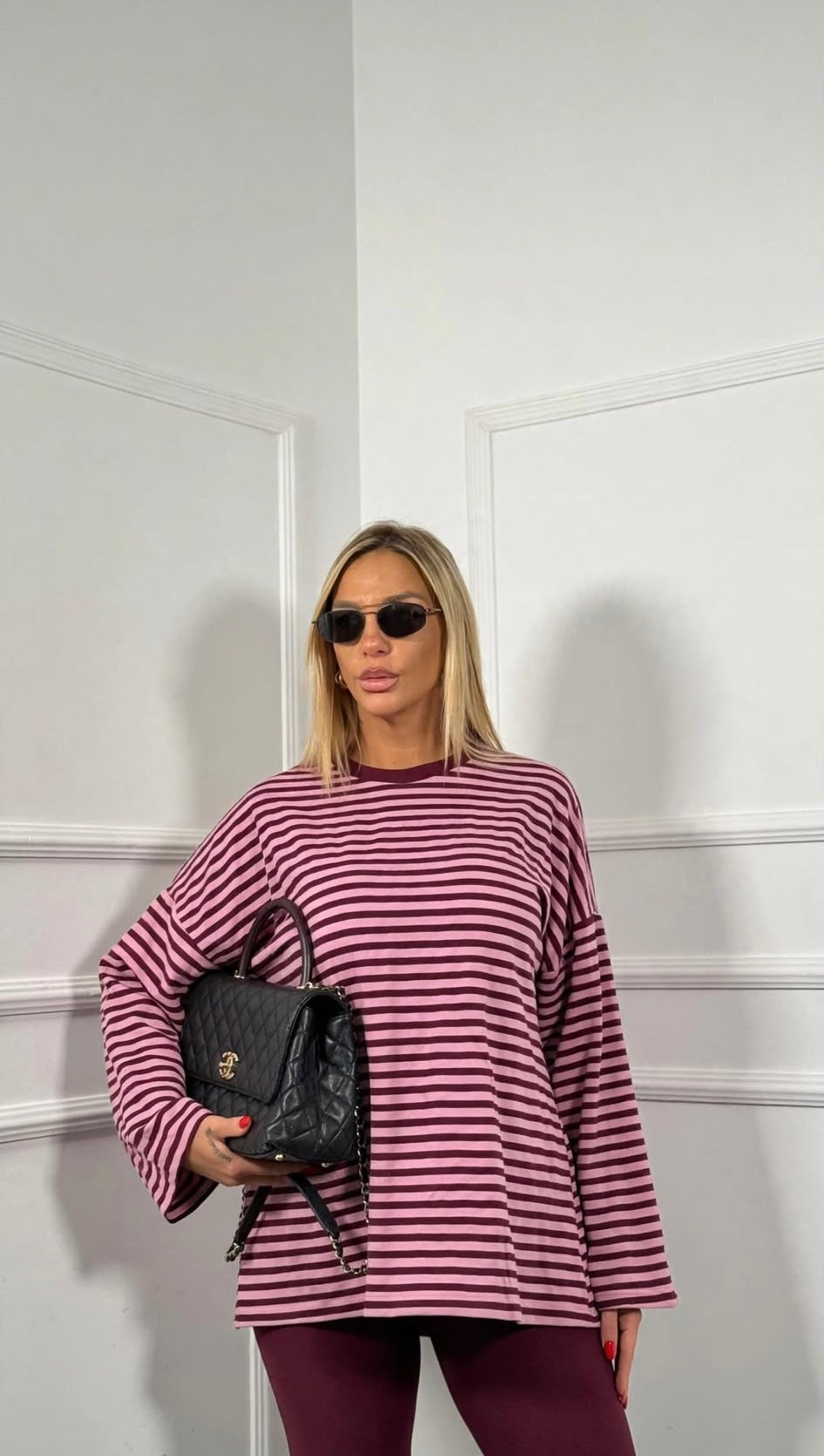 Shirt oversize a righe manica svasata Desy rosa/bordeaux 37990