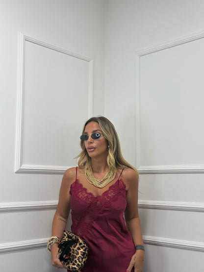 Abito/Top asimmetrico in raso e pizzo bordeaux