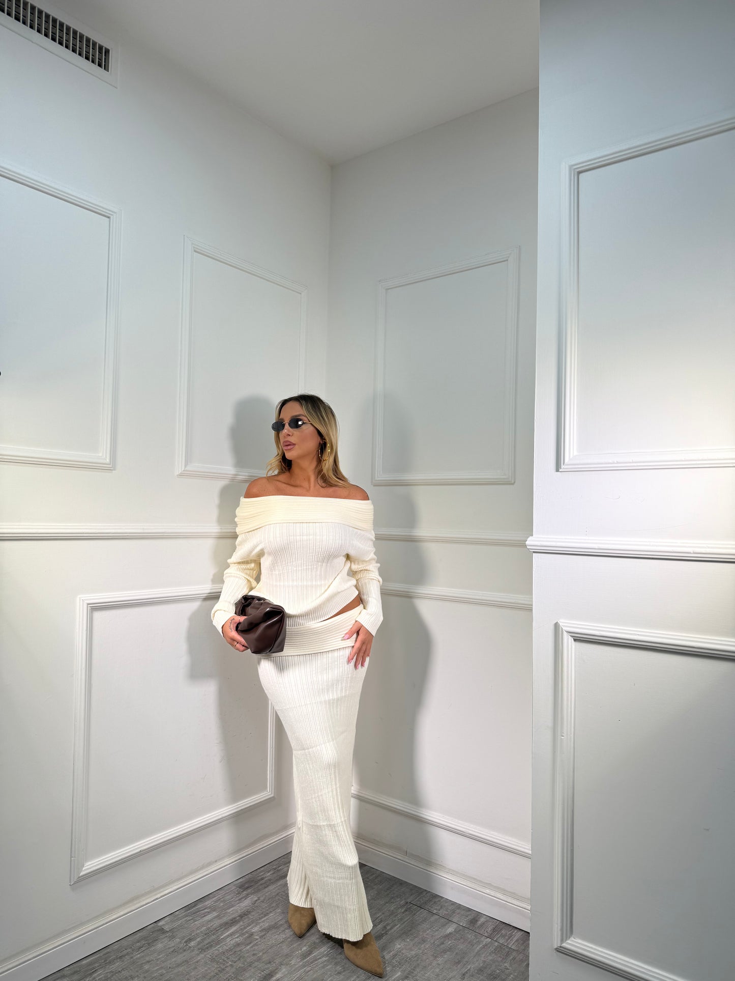 Coordinato a costine scollo a barca Shanty panna g173