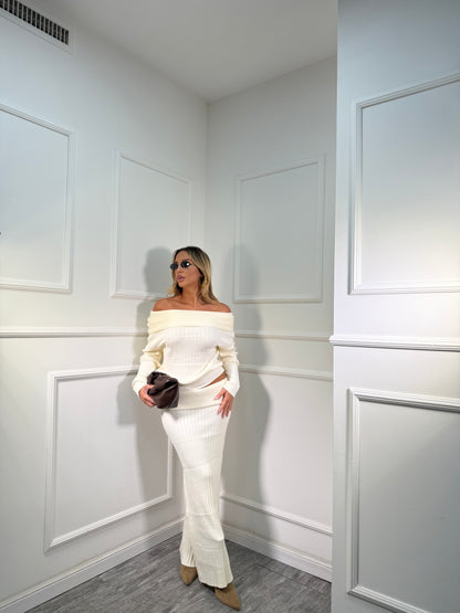 Coordinato a costine scollo a barca Shanty panna g173