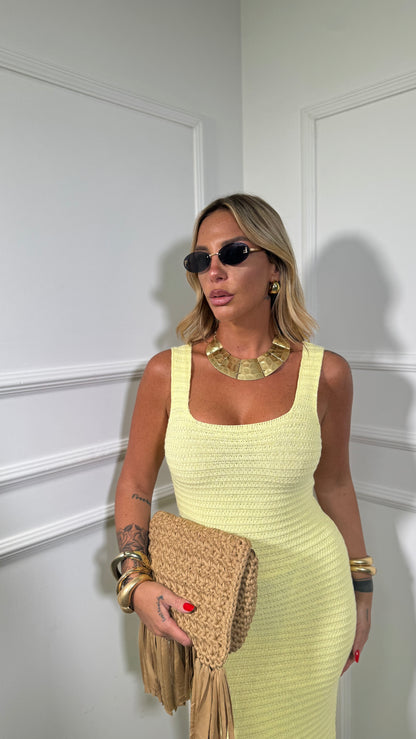 Abito midi in crochet scollo squadrato Dominique giallo