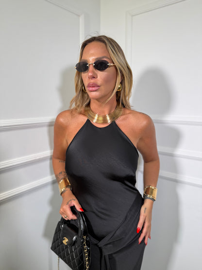 Abito midi in satin scollato sul retro con fusciacca nero 14061