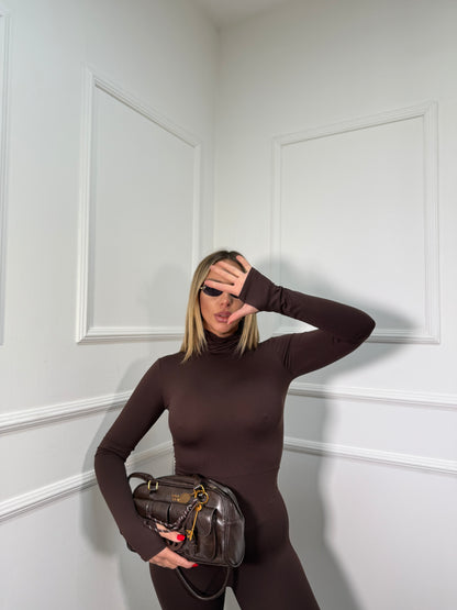 Jumpsuit collo alto in lycra manica a guanto Frida cioccolato 14501