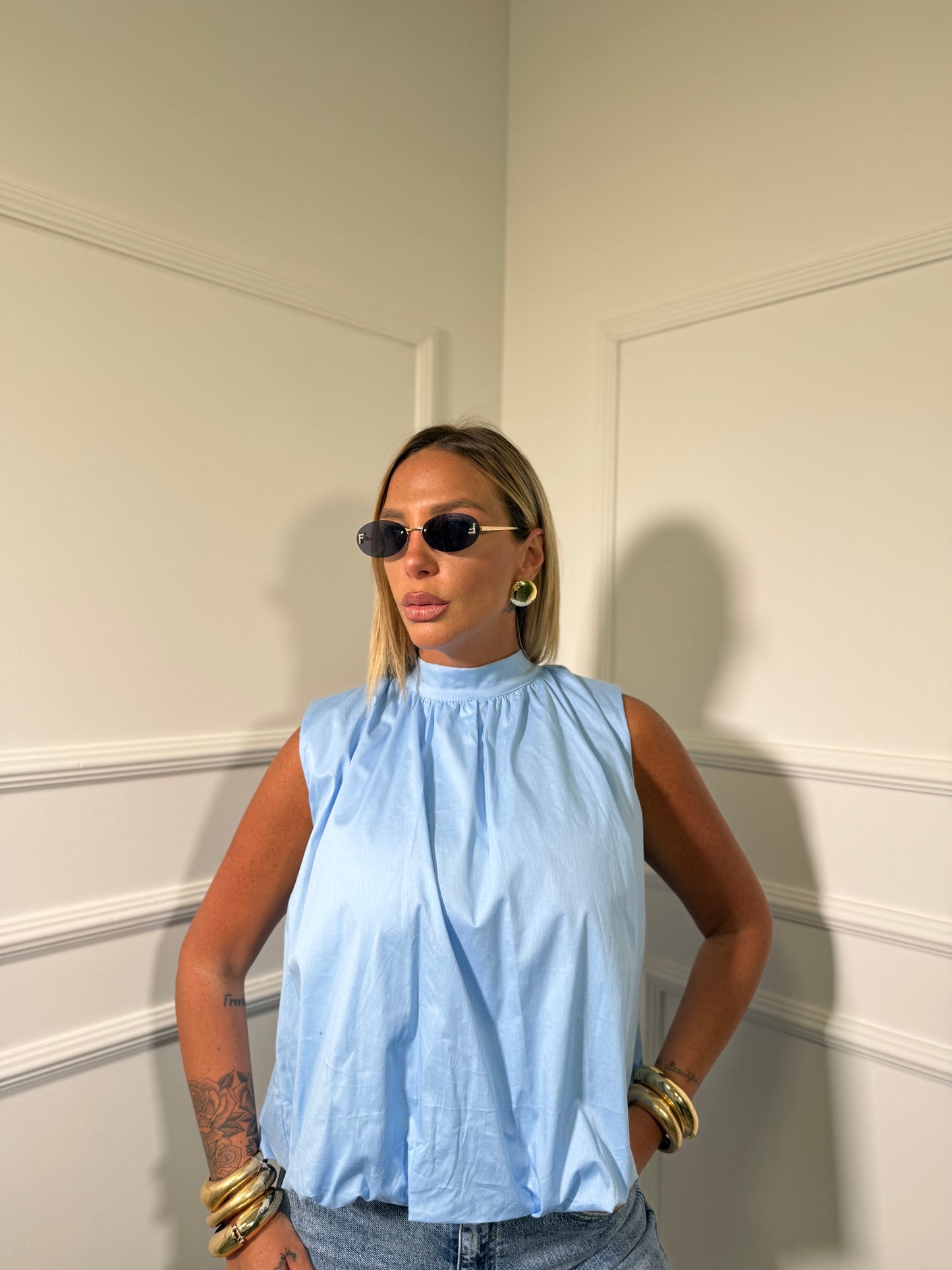 Blusa balloon in cotone con fiocco sul retro Numa azzurra 31078
