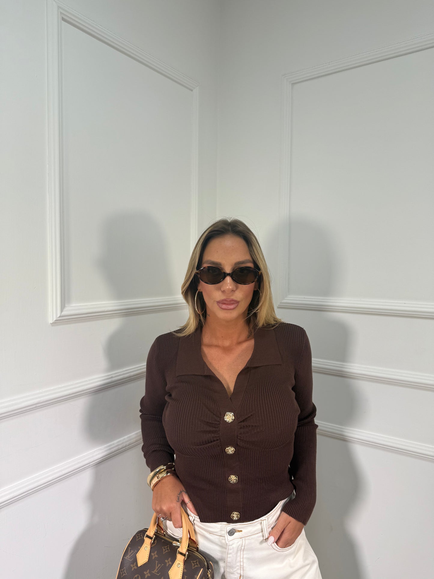 Polo in lana pettinata a costine Roses cioccolato zm13157