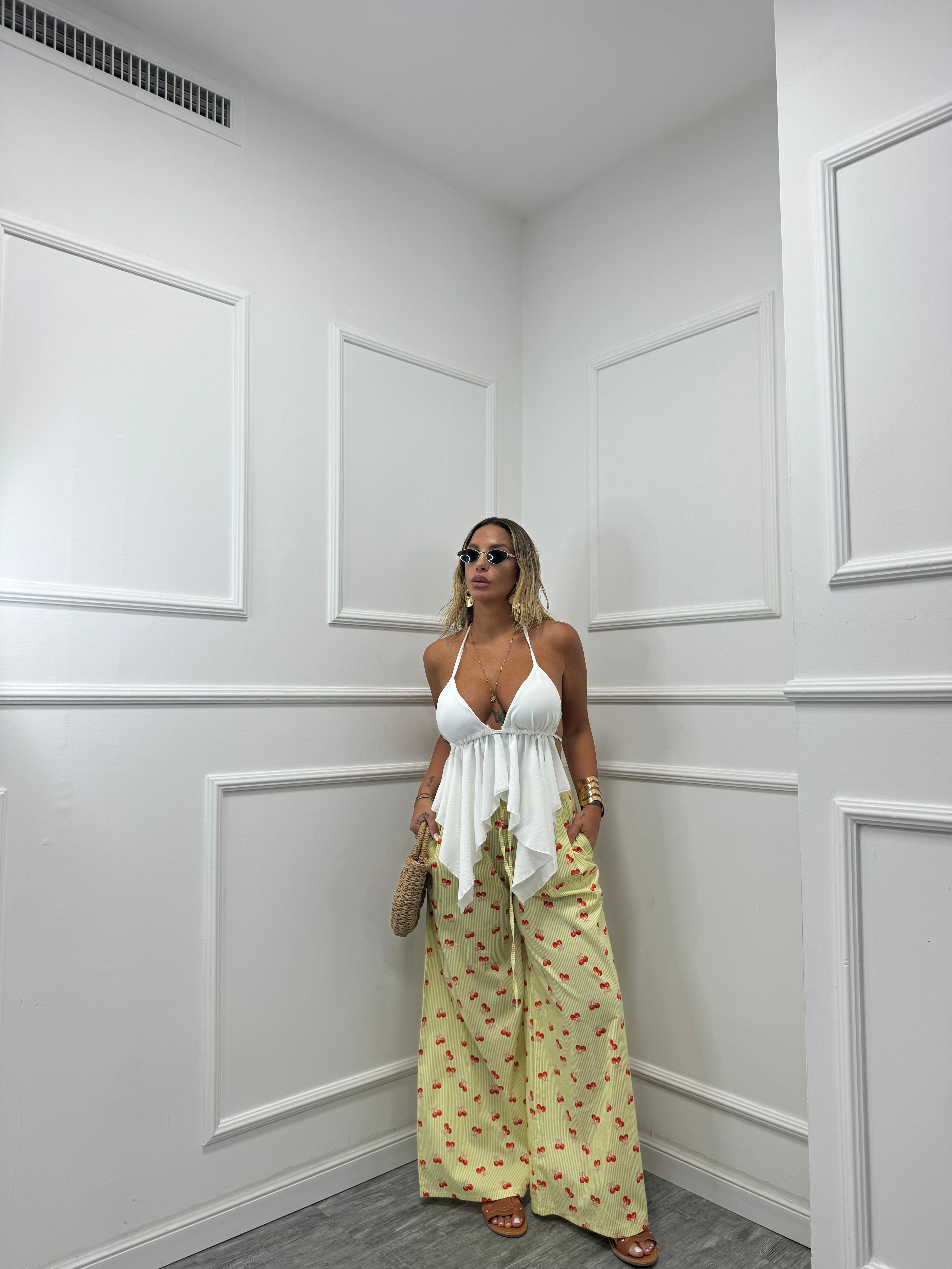 Pantalone righe gialle  ciliegie