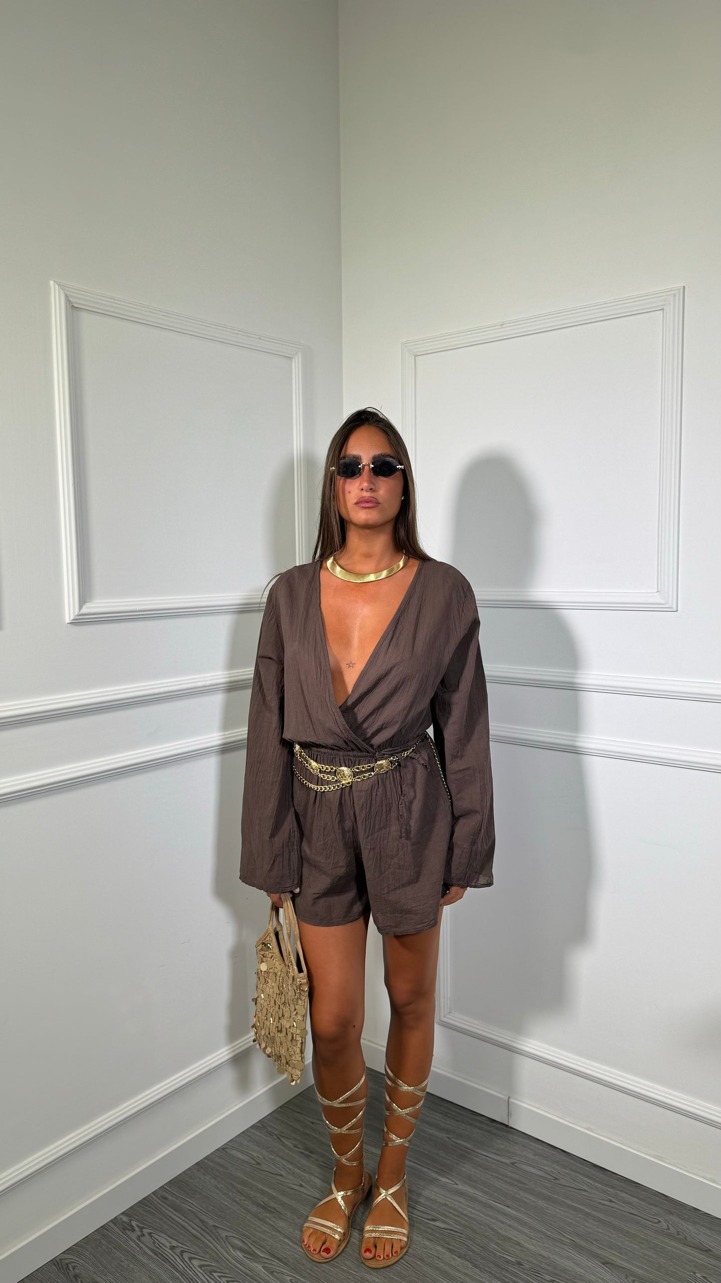 Jumpsuit in viscosa manica campana con coulisse Chloè cioccolato