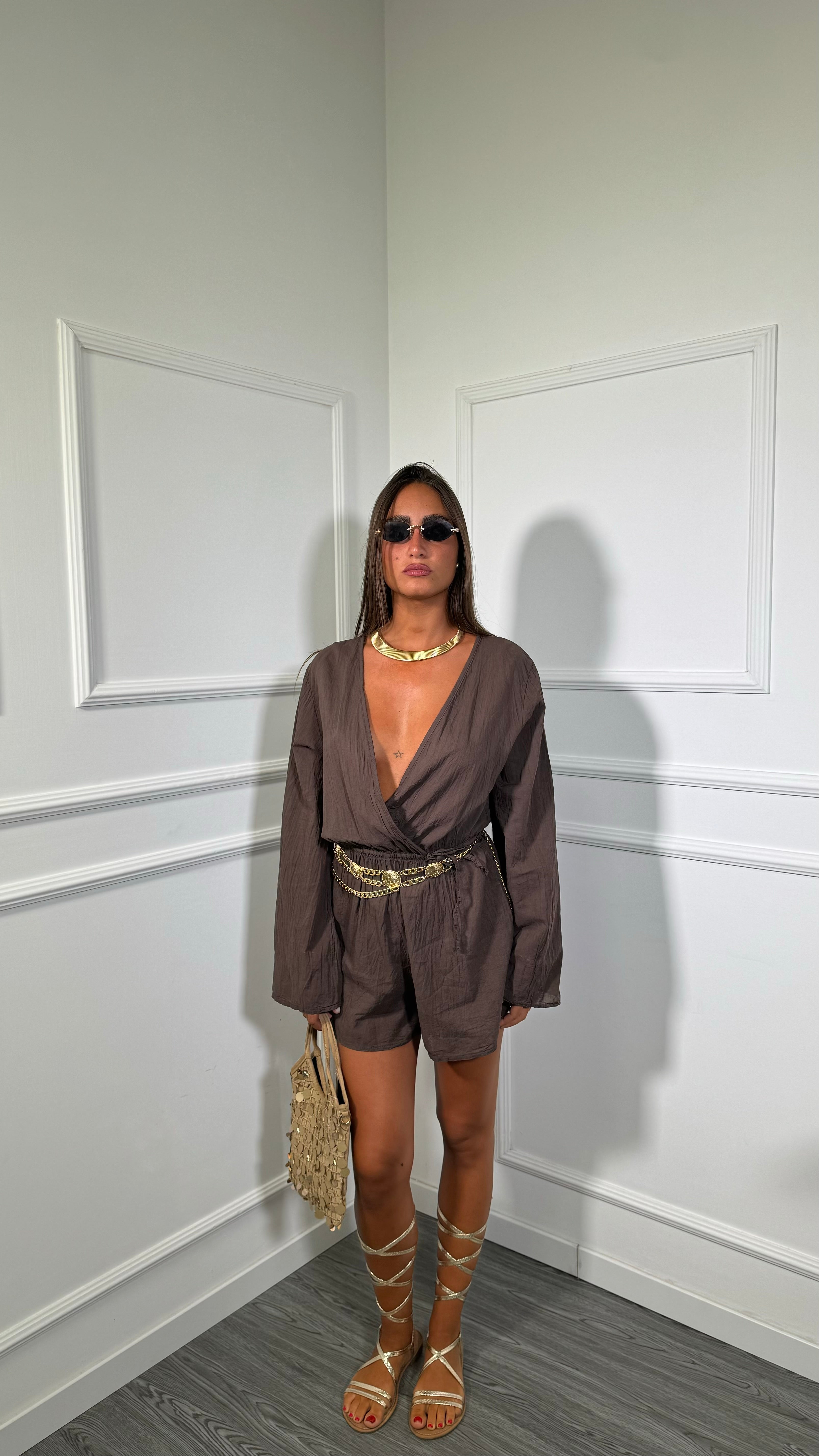 Jumpsuit in viscosa manica campana con coulisse Chloè cioccolato