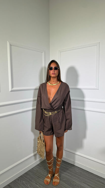 Jumpsuit in viscosa manica campana con coulisse Chloè cioccolato