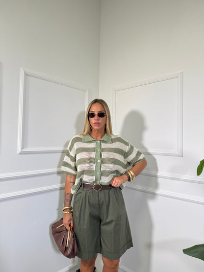Bermuda in cotone con cintura verde militare kk0816