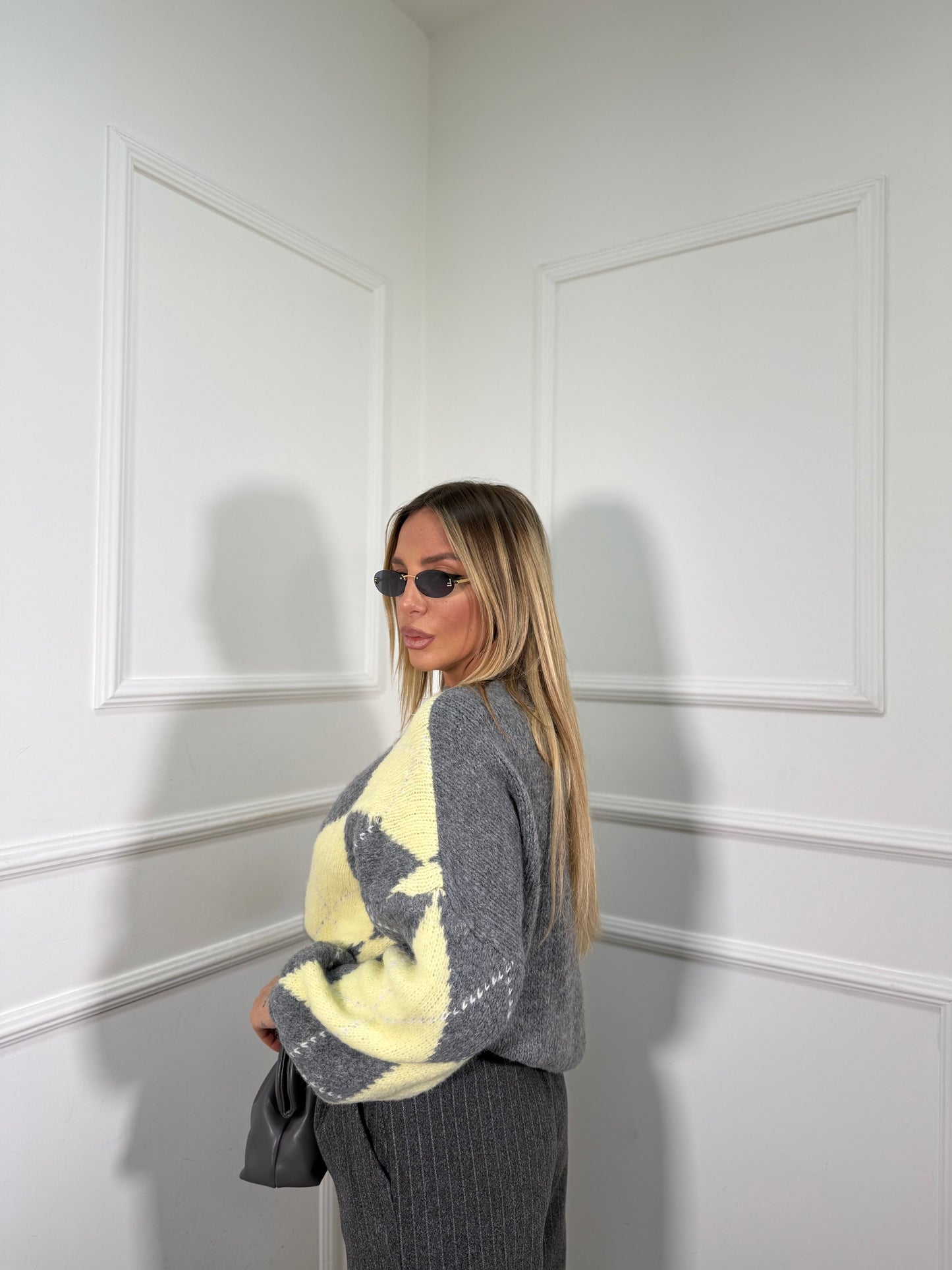 Pullover lana cotta con rombi Snowball giallo/grigio 31892