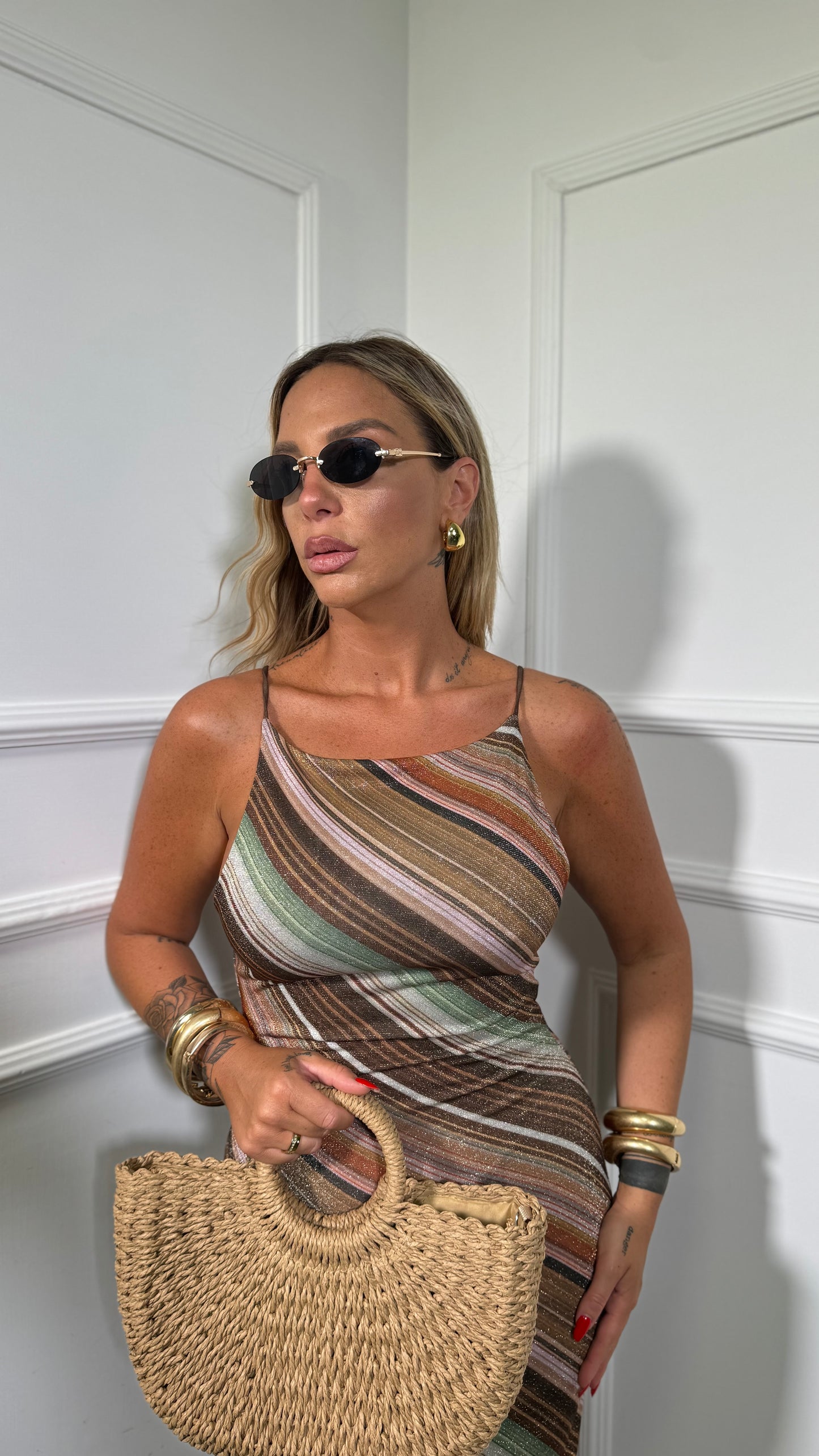 Abito midi in lurex Rainbow marrone