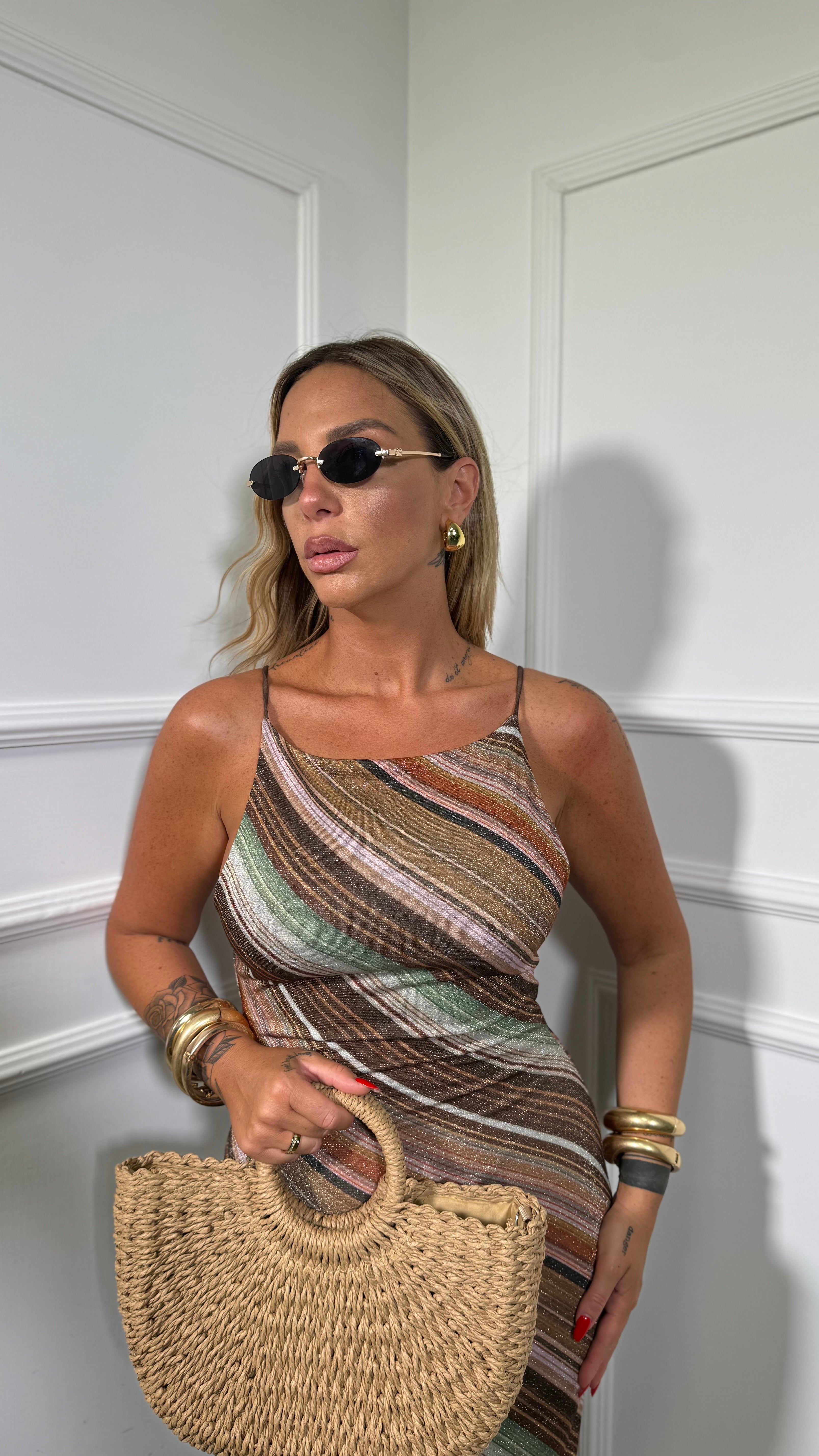 Abito midi in lurex Rainbow marrone