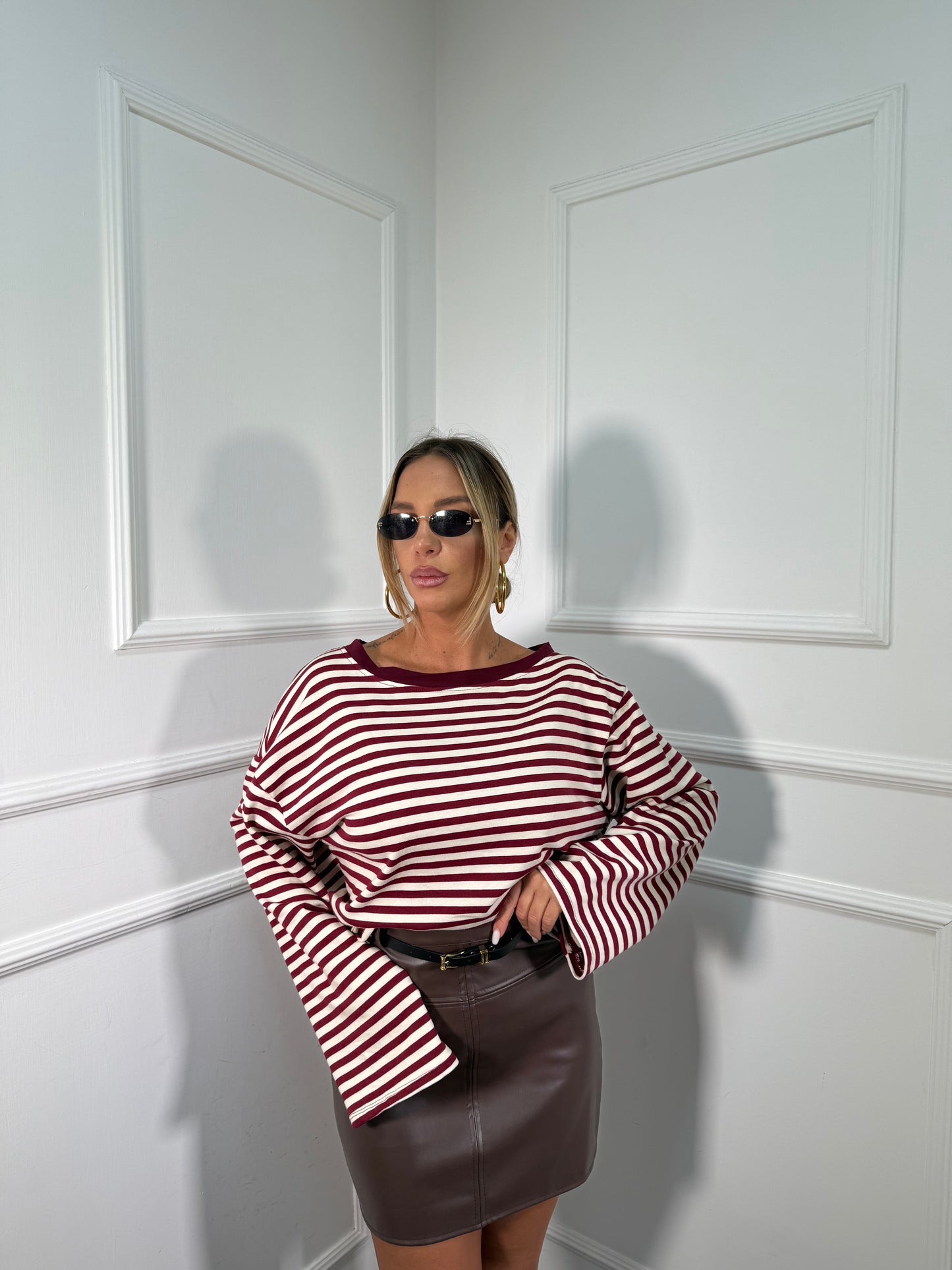 Shirt in cotone garzato manica campana Cindy bordeaux/burro f1109