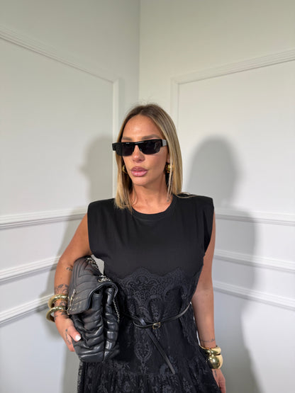 Abito midi in pizzo con spalline Sharon nero 3340