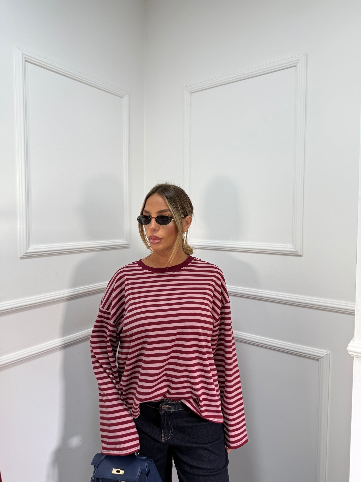 Shirt in cotone garzato manica campana Cindy rosa/bordeaux f1109