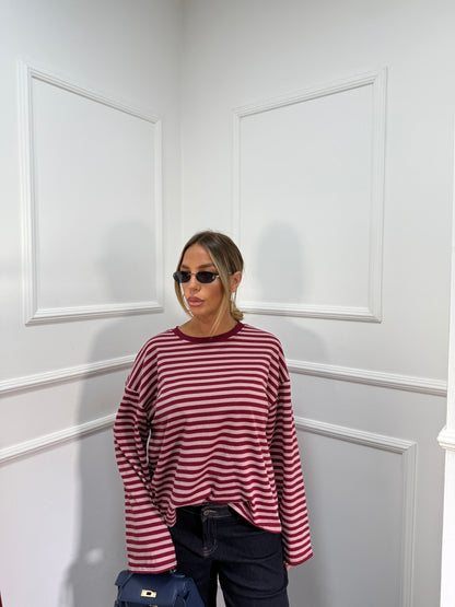 Shirt in cotone garzato manica campana Cindy rosa/bordeaux f1109