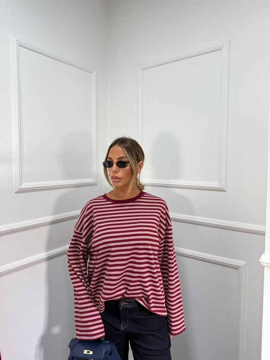 Shirt in cotone garzato manica campana Cindy rosa/bordeaux f1109