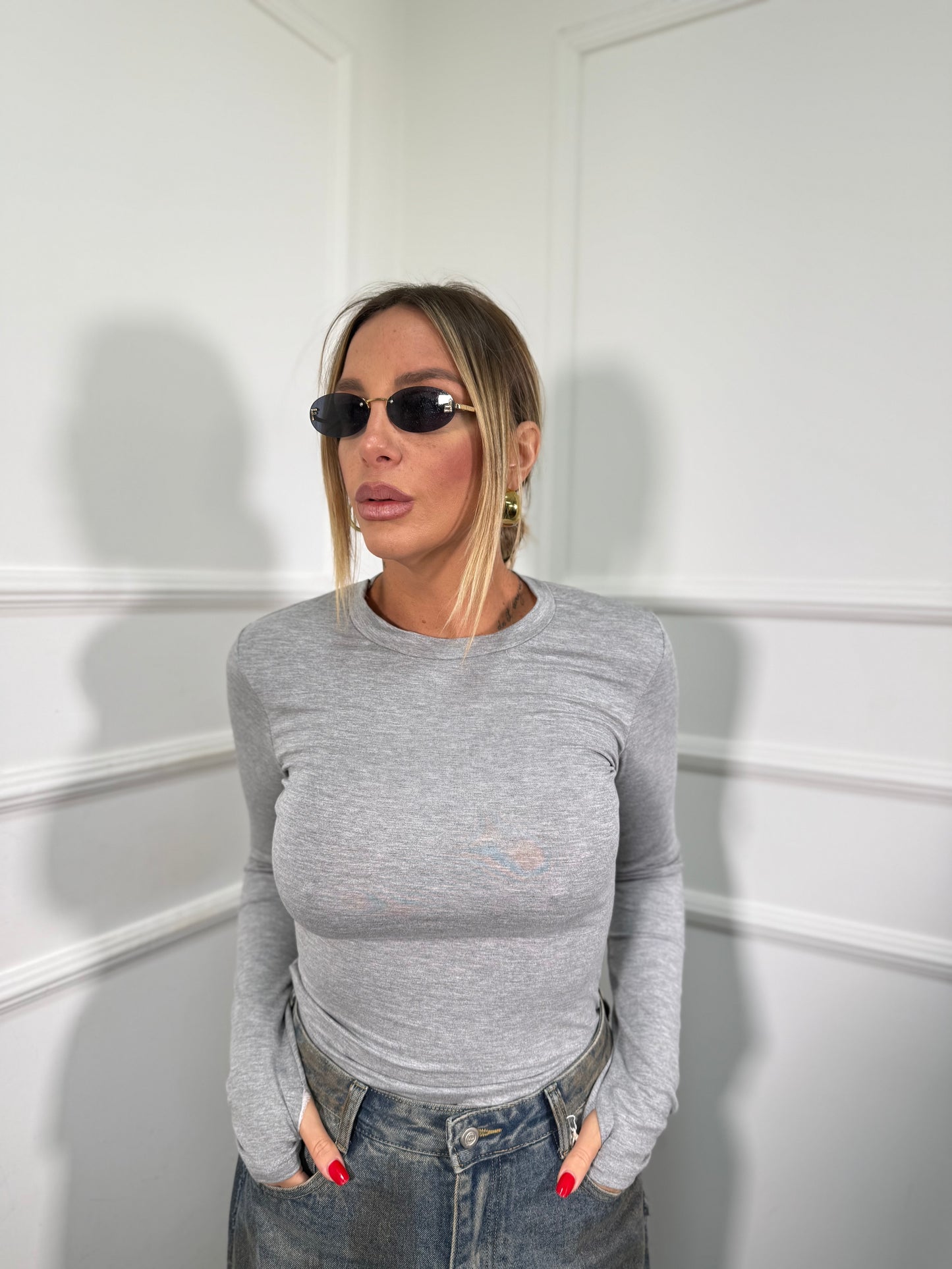 Body in cotone manica a guanto grigio