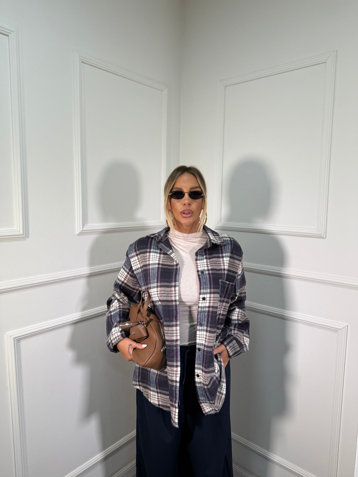 Camicia oversize in flanella con spalline Marshal blu/bordeaux