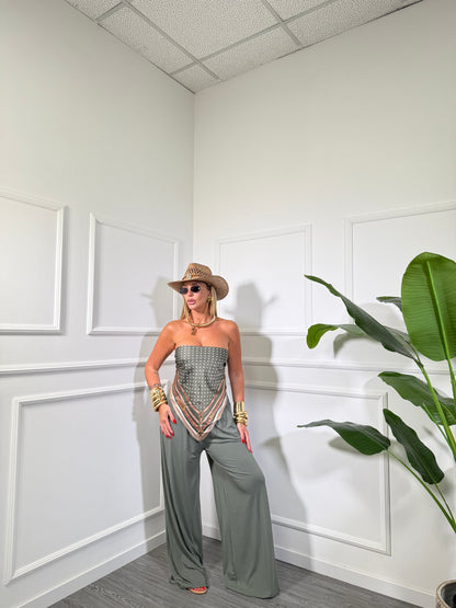 Pantaloni palazzo con bandana verde militare 22457