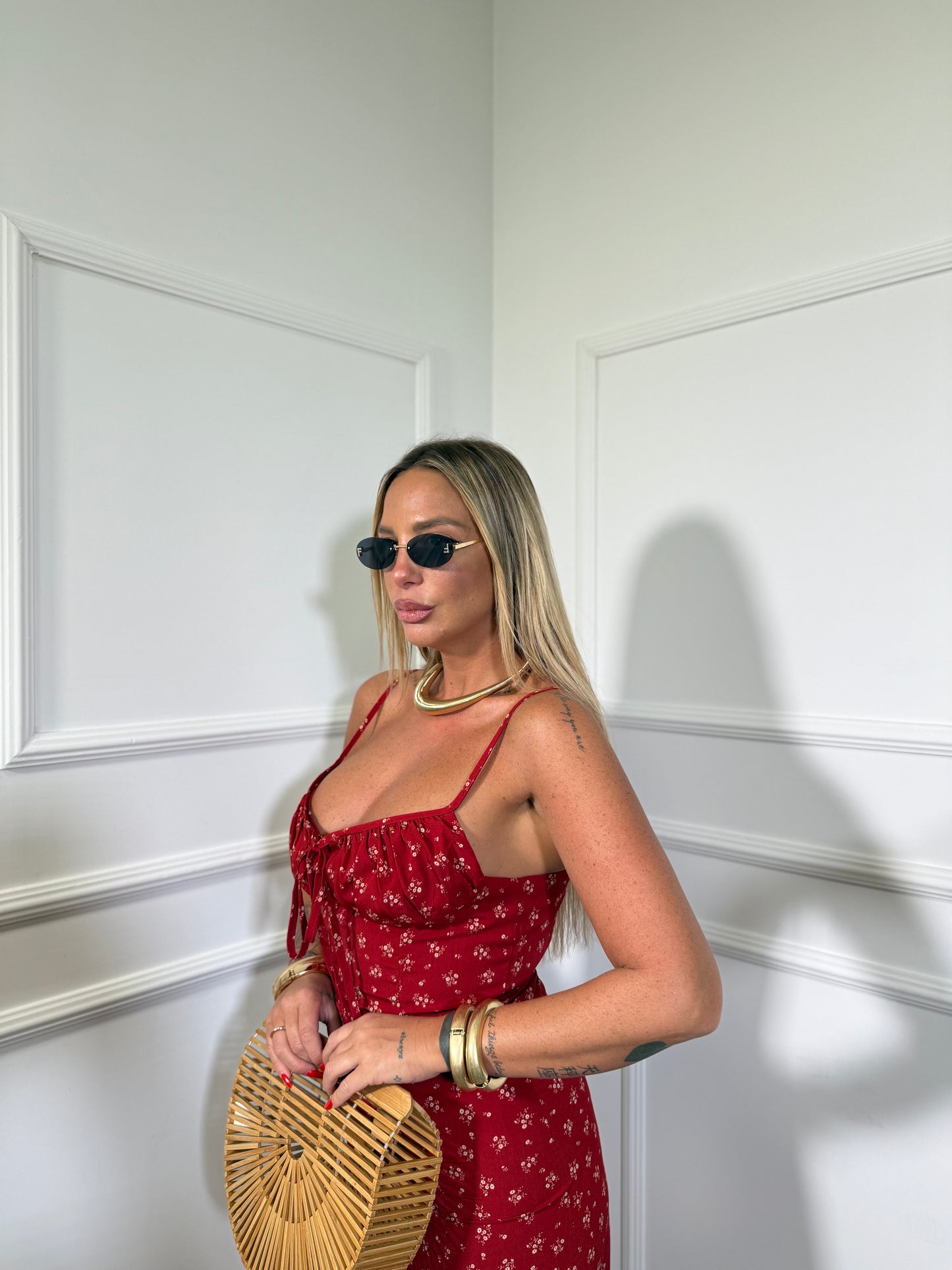 Abito a fiori midi con spacco Dafne rosso17265