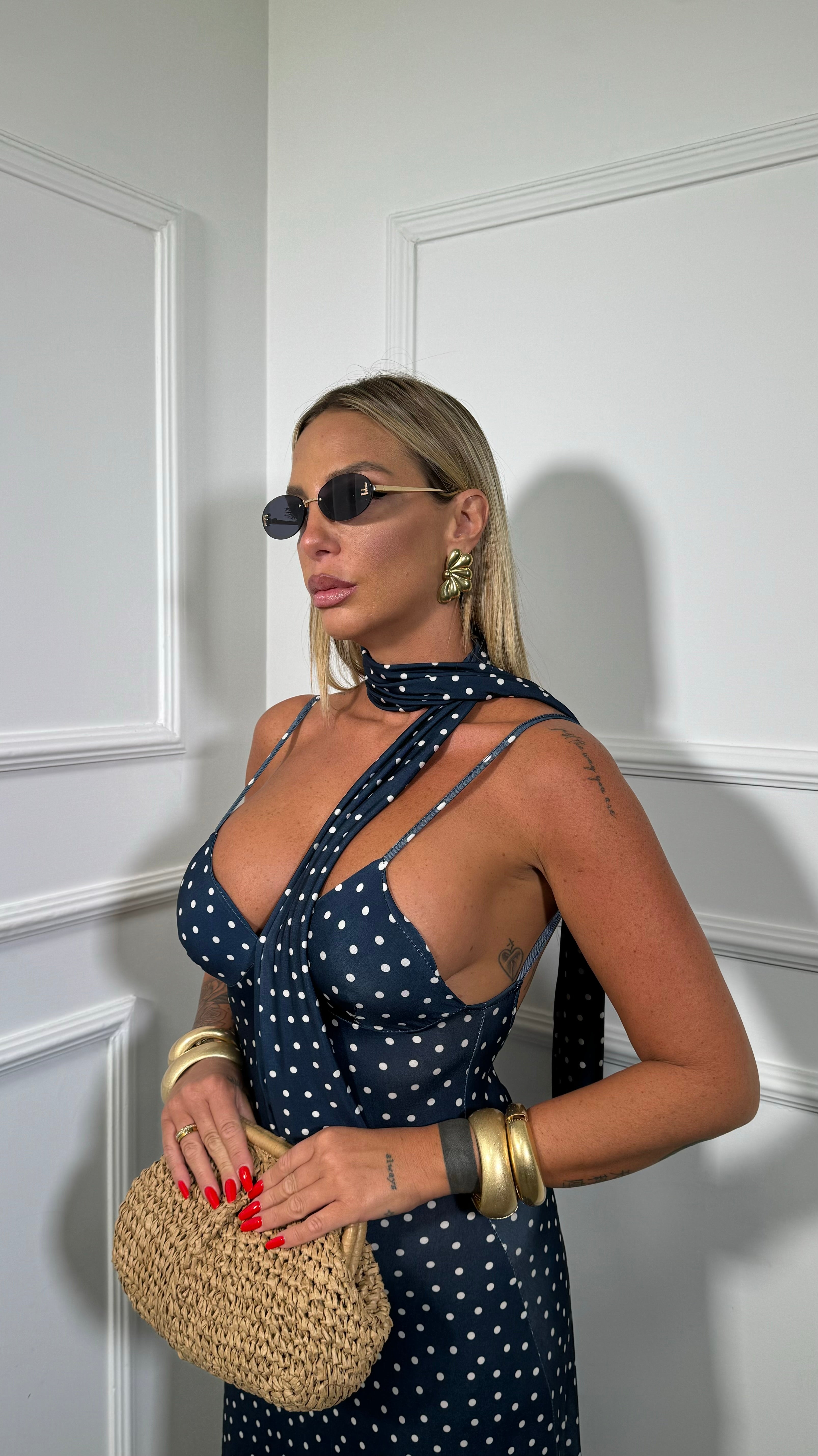 Abito midi in lycra a pois con fusciacca Kalispera blu 6008