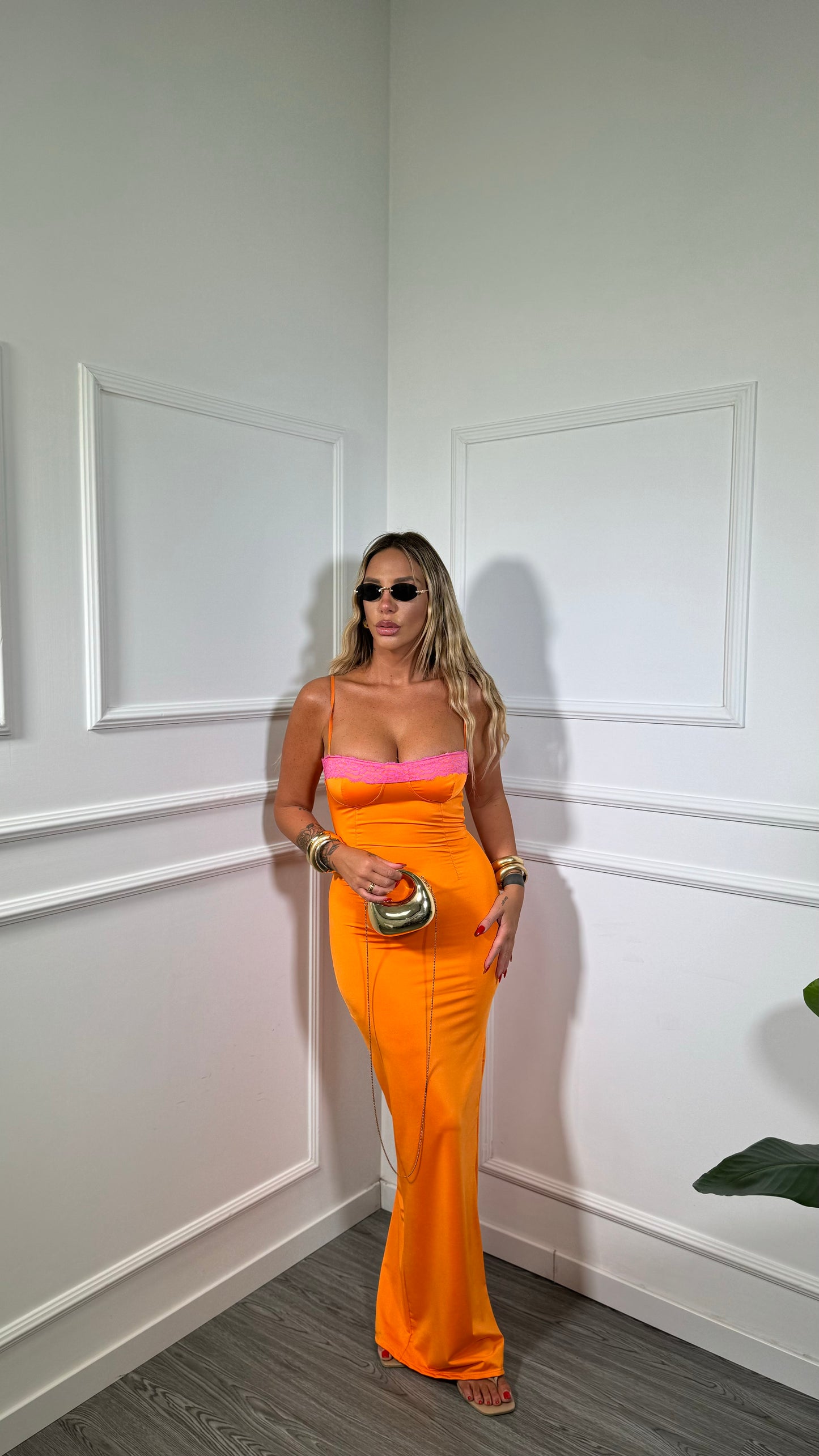 Abito lungo in lycra con pizzo Kendra arancio