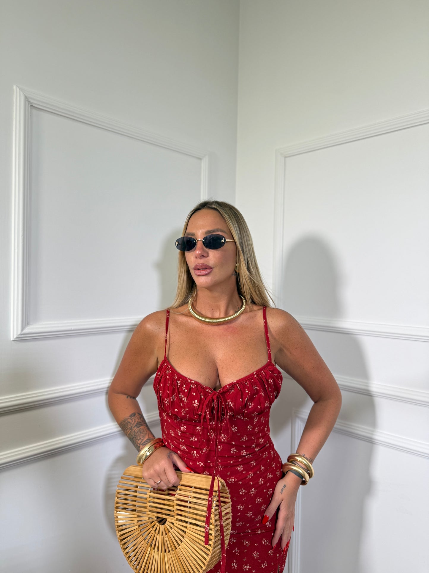 Abito a fiori midi con spacco Dafne rosso17265
