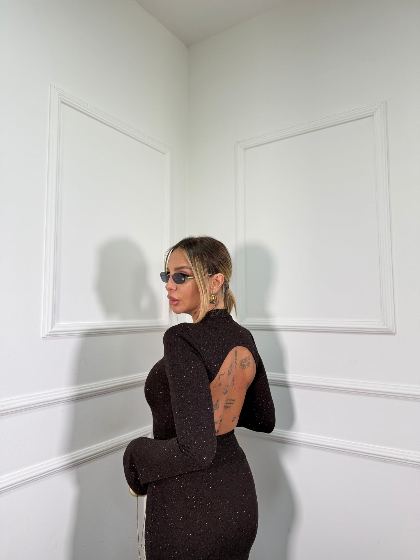 Abito midi in lurex con spalline Zoe cioccolato 12490