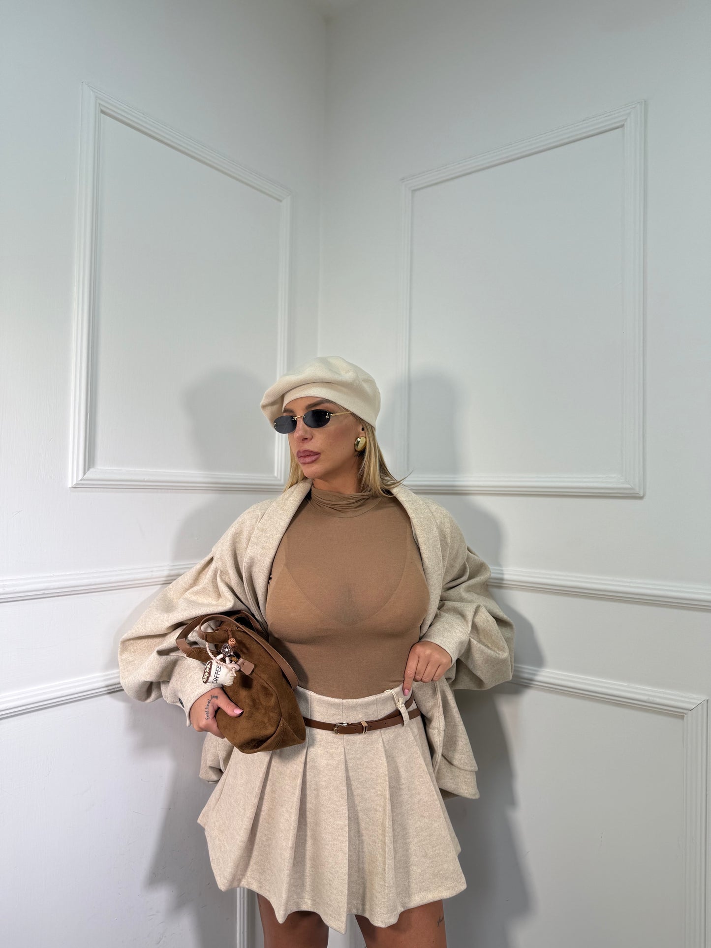 Gonna lana cotta a pieghe con cinturino Lily crema 6786