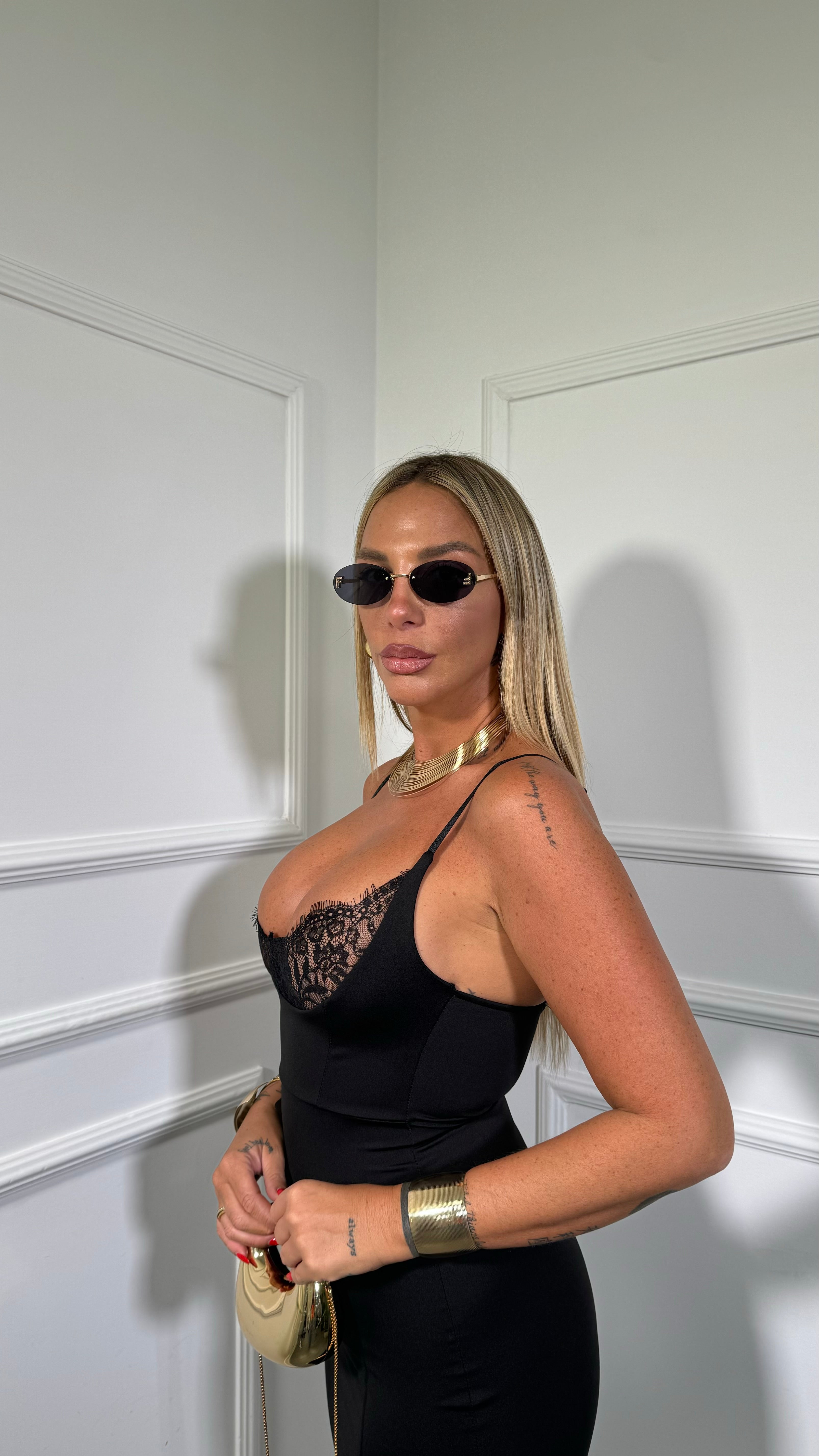 Abito midi in lycra modellante con pizzo Moonlight nero 1118