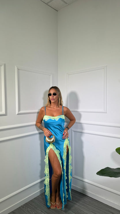 Abito lungo in satin con pizzo Conca turchese hp10238