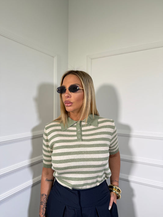 Polo in filo a righe Candy verde salvia A330