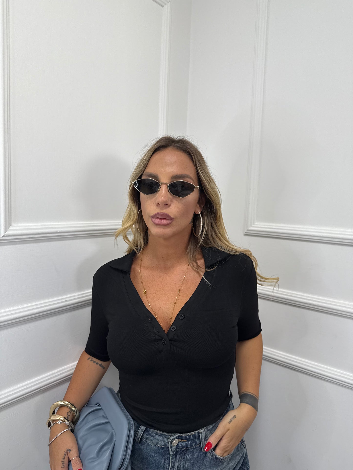 Body polo con manica 3/4 nero rt107